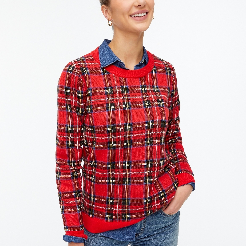 New! J Crew sz XS X-Small Red Tartan Plaid Christmas Sweater Cotton NWT - Picture 2 of 13